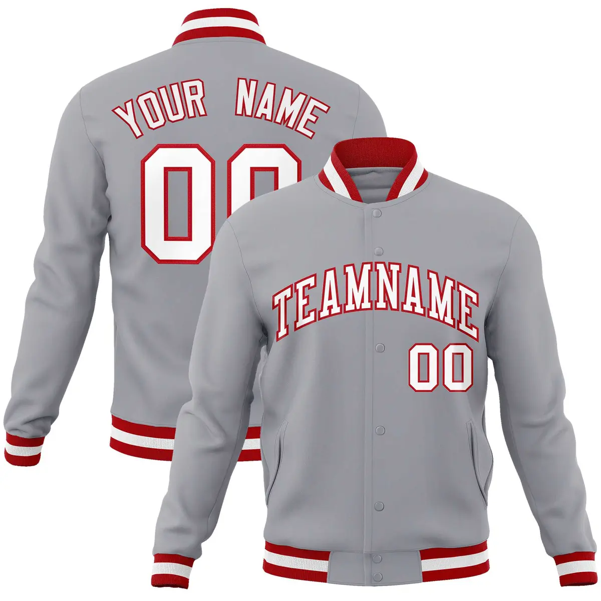 Gray White-Red Varsity Full-Snap Letterman Jacket