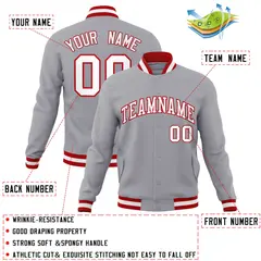 Gray White-Red Varsity Full-Snap Letterman Jacket 4