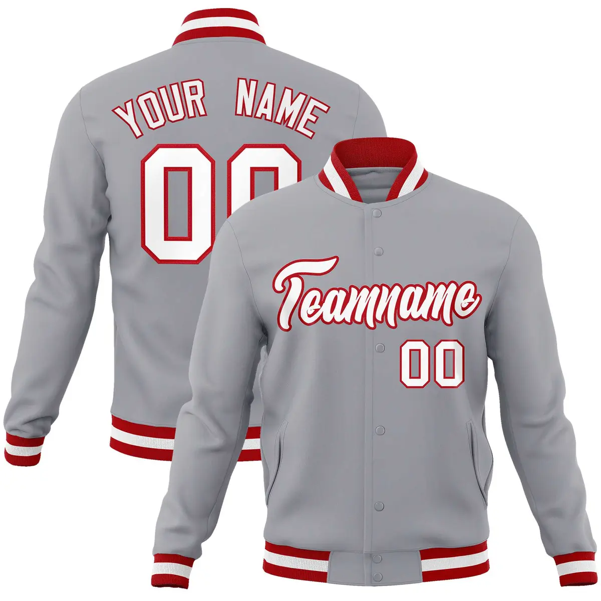 Gray White-Red Varsity Full-Snap Letterman Jacket