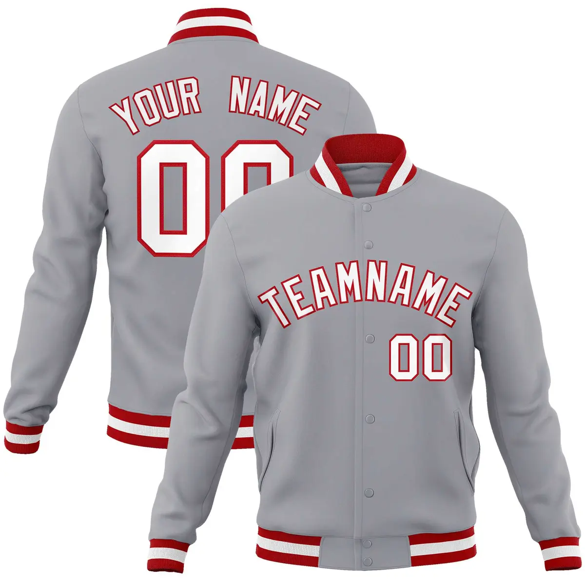 Gray White-Red Varsity Full-Snap Letterman Jacket