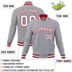 Gray White-Red Varsity Full-Snap Letterman Jacket 4