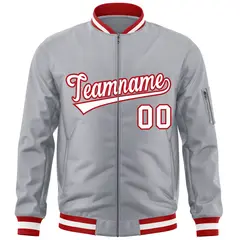Gray White-Red Varsity Full-Zip Letterman Bomber Jacket 3