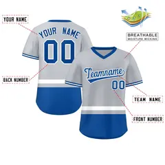 Gray White-Royal Color Block V-Neck Pullover Baseball Jersey 2