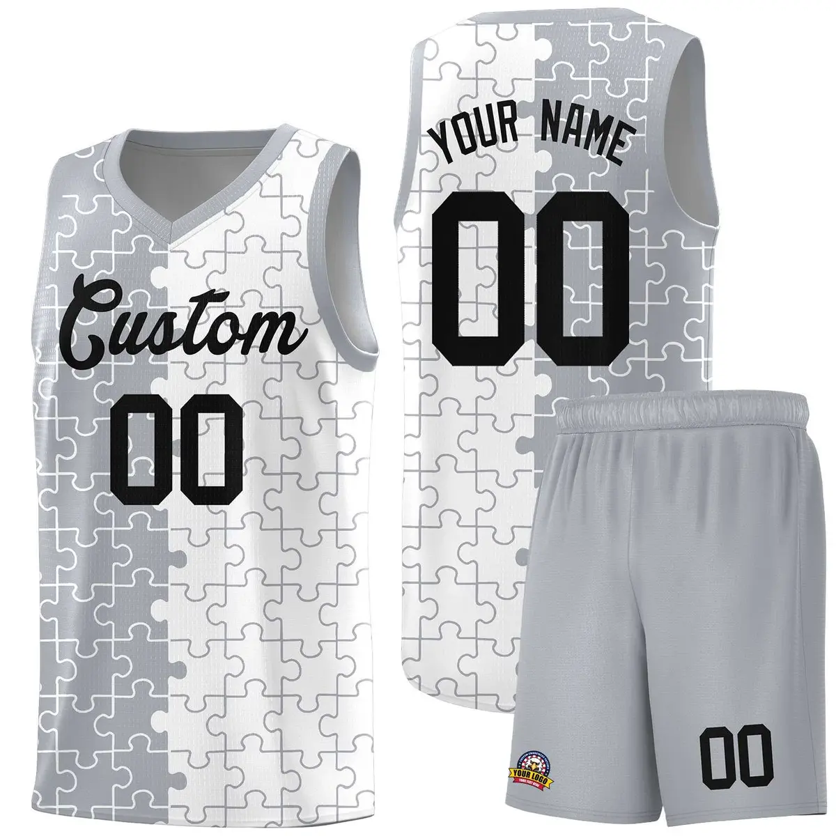 Gray White Splid Puzzle Pattern Basketball Kits