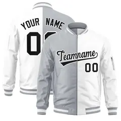 Gray White Split Varsity Full-Zip Letterman Bomber Jacket