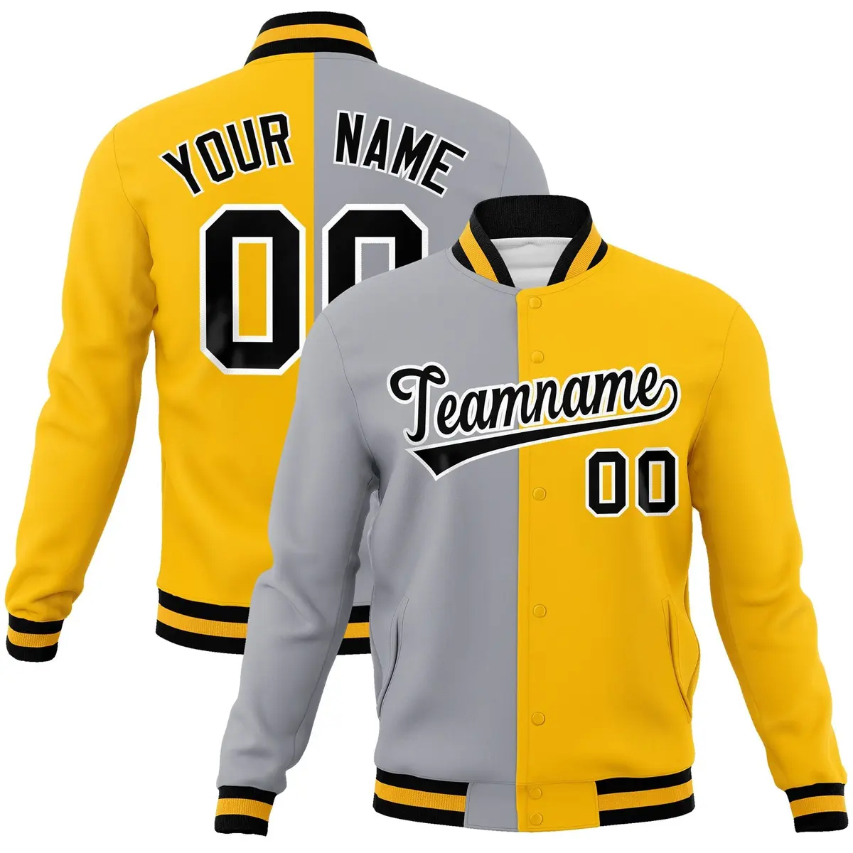 Gray Yellow-Black Two Tone Split Varsity Full-Snap Letterman Jacket