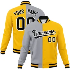 Gray Yellow-Black Two Tone Split Varsity Full-Snap Letterman Jacket 1