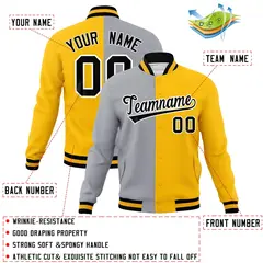 Gray Yellow-Black Two Tone Split Varsity Full-Snap Letterman Jacket 4