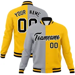 Gray Yellow-Black Two Tone Split Varsity Full-Snap Letterman Jacket 1