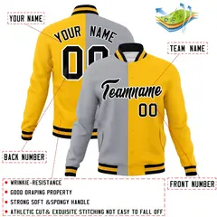 Gray Yellow-Black Two Tone Split Varsity Full-Snap Letterman Jacket 4