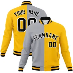 Gray Yellow-Black Two Tone Split Varsity Full-Snap Letterman Jacket 1