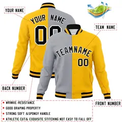 Gray Yellow-Black Two Tone Split Varsity Full-Snap Letterman Jacket 4