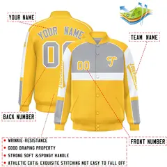 Gray Yellow Raglan Sleeves Varsity Letterman Jacket 2