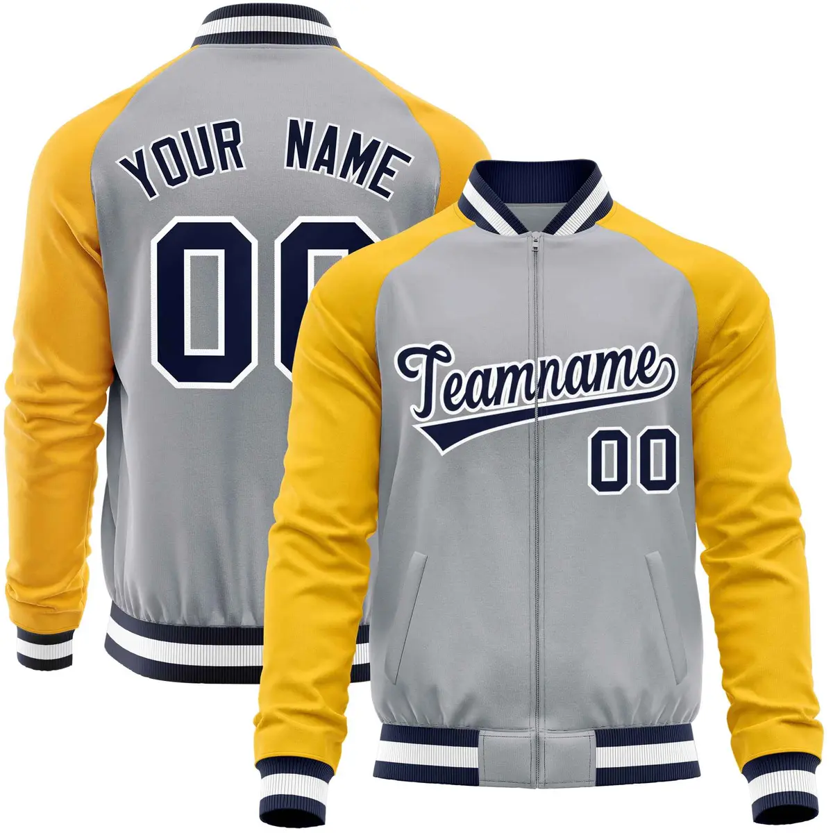 Gray Yellow Varsity Full-Zip Raglan Letterman Baseball Jacket