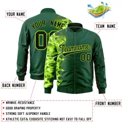 Green 3D Flame Varsity Full-Zip Letterman Bomber Jacket 2