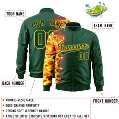 Green 3D Flame Varsity Full-Zip Letterman Bomber Jacket 2