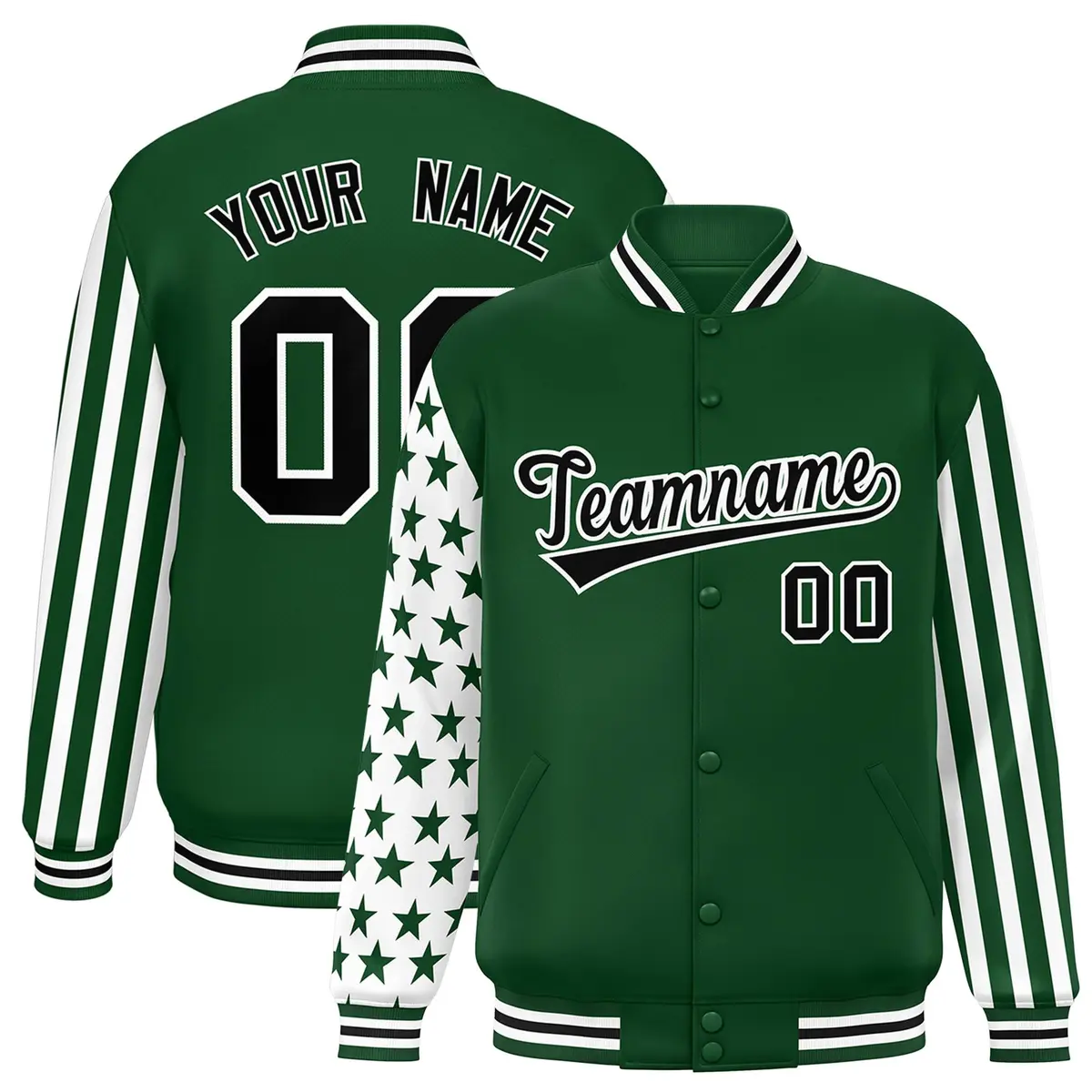 Green American Flag Varsity Full-Snap Raglan Letterman Bomber Jacket