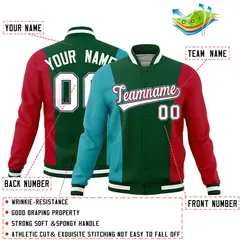 Green Aqua Red Three-Color Block Varsity Letterman Jacket 2