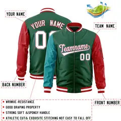 Green Aqua Red Varsity Letterman Bomber Jacket Full-Zip Raglan Sleeves 2