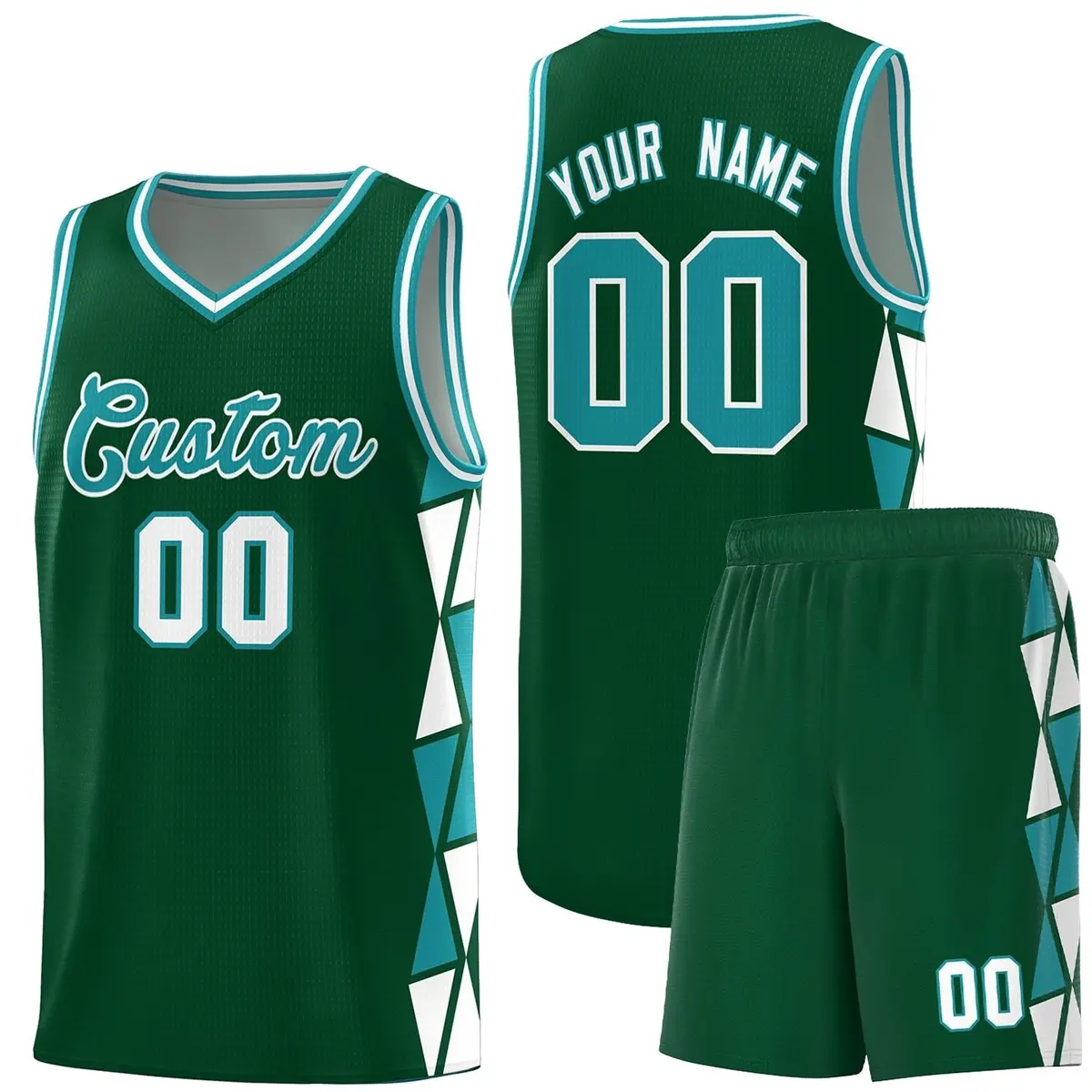 Green Aqua White Side Triangle Splicing Basketball Jersey