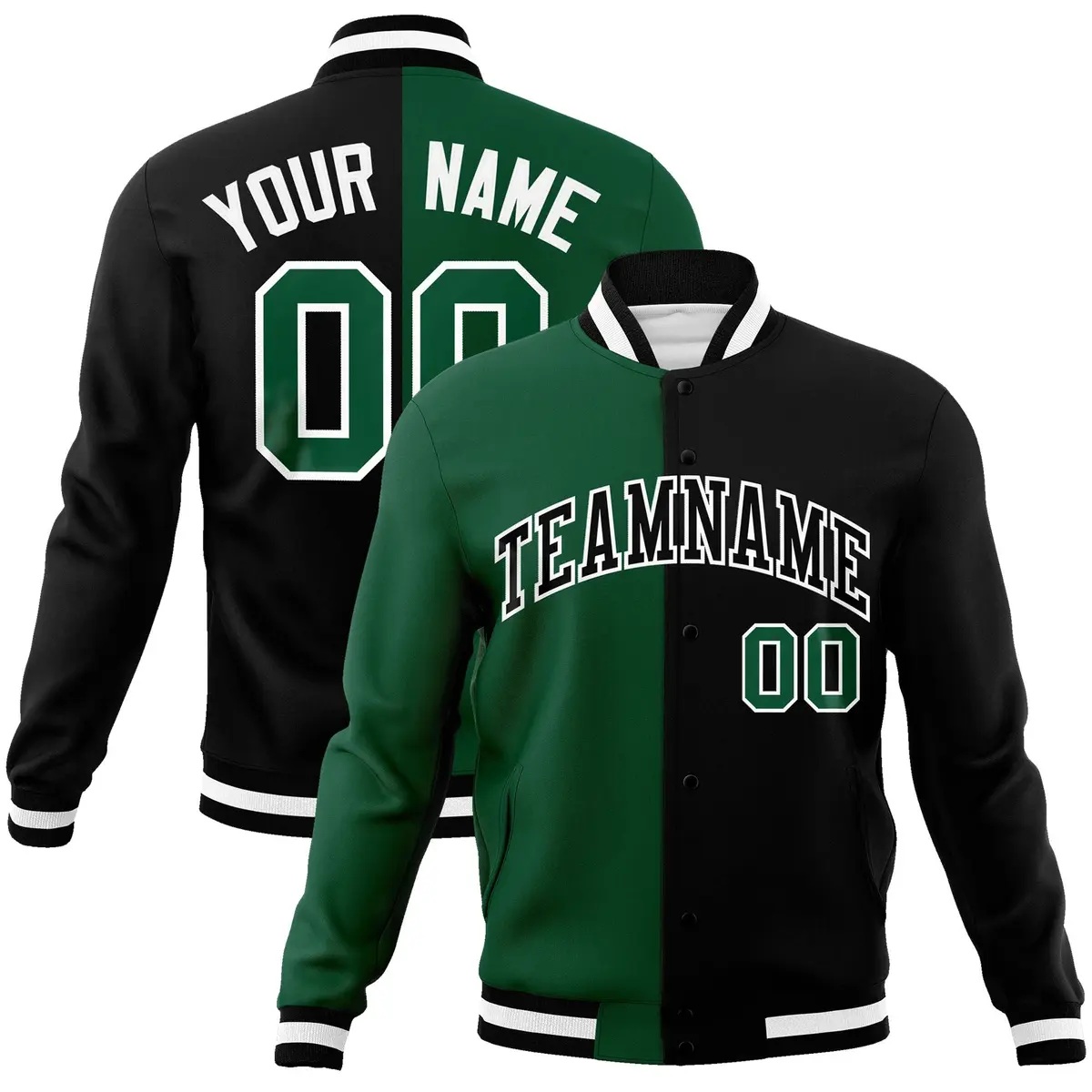 Green Black-Black Two Tone Split Varsity Letterman Jacket