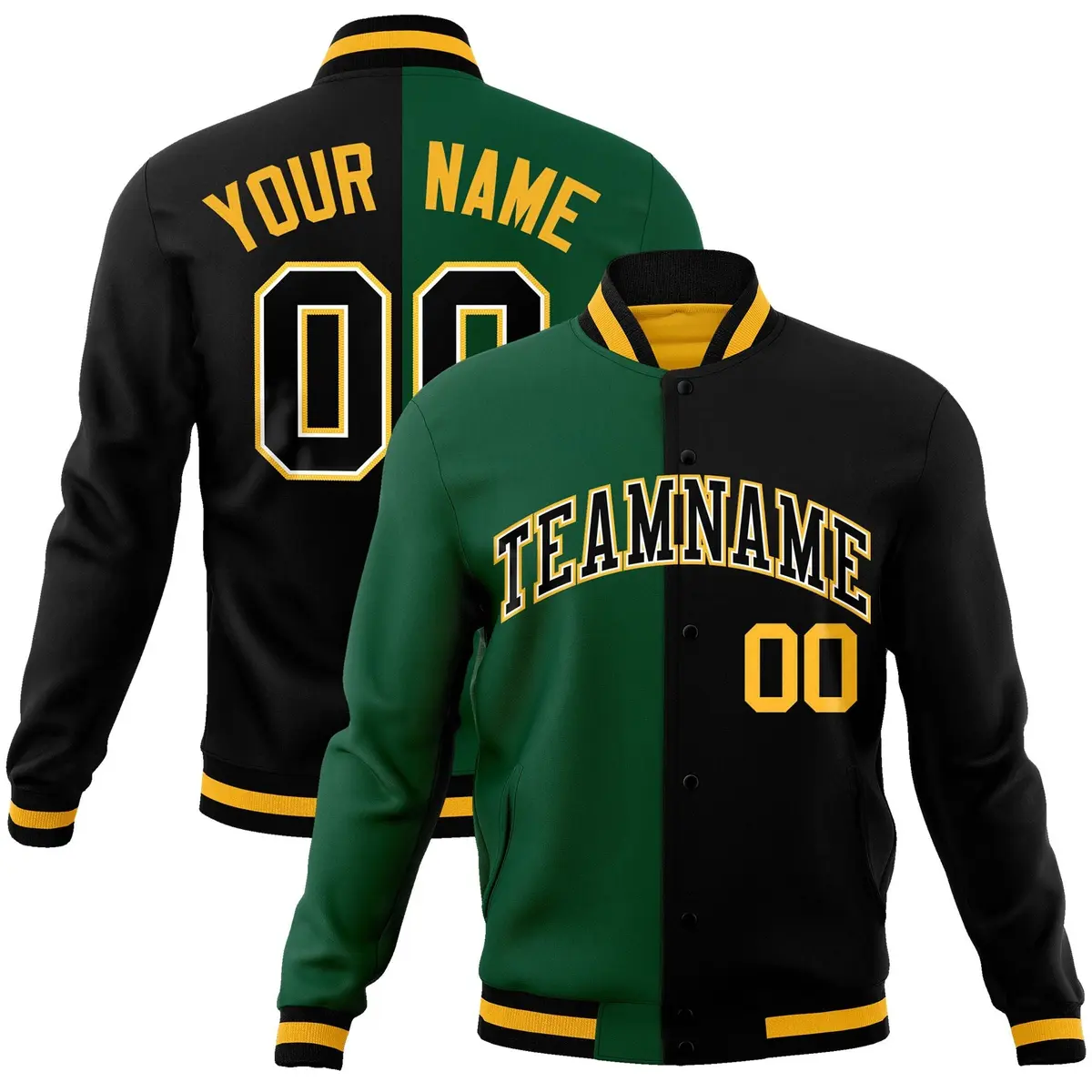 Green Black-Black Two Tone Split Varsity Letterman Jacket