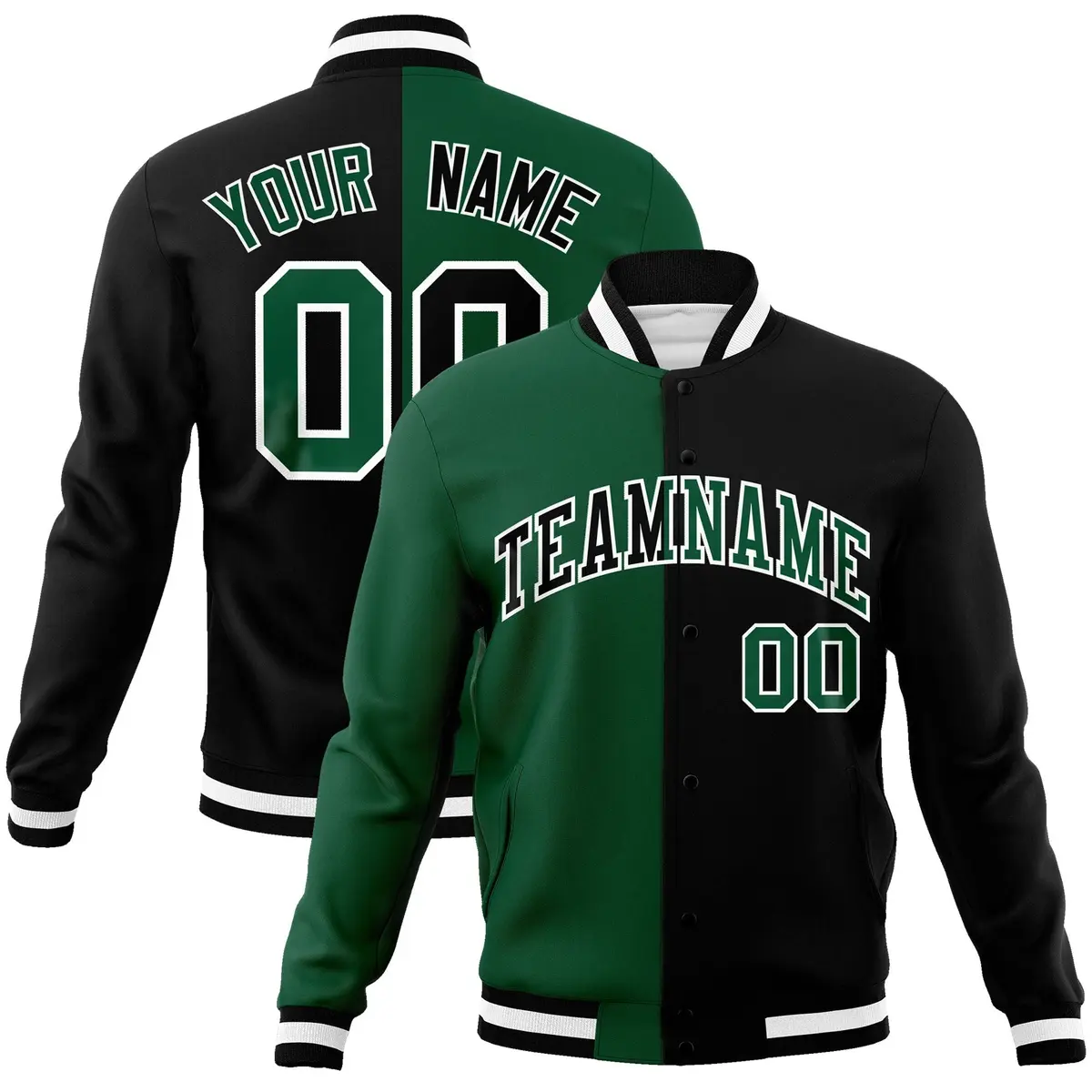 Green Black-Black Two Tone Split Varsity Letterman Jacket
