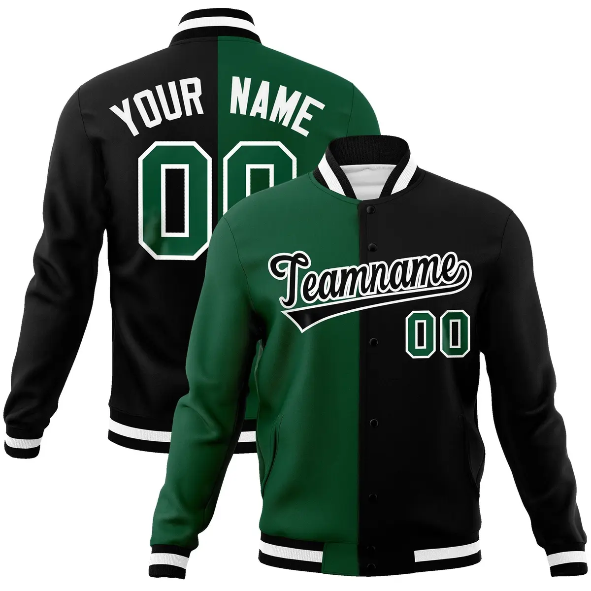 Green Black-Black Two Tone Split Varsity Letterman Jacket
