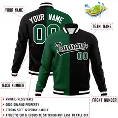 Green Black-Black Two Tone Split Varsity Letterman Jacket 4