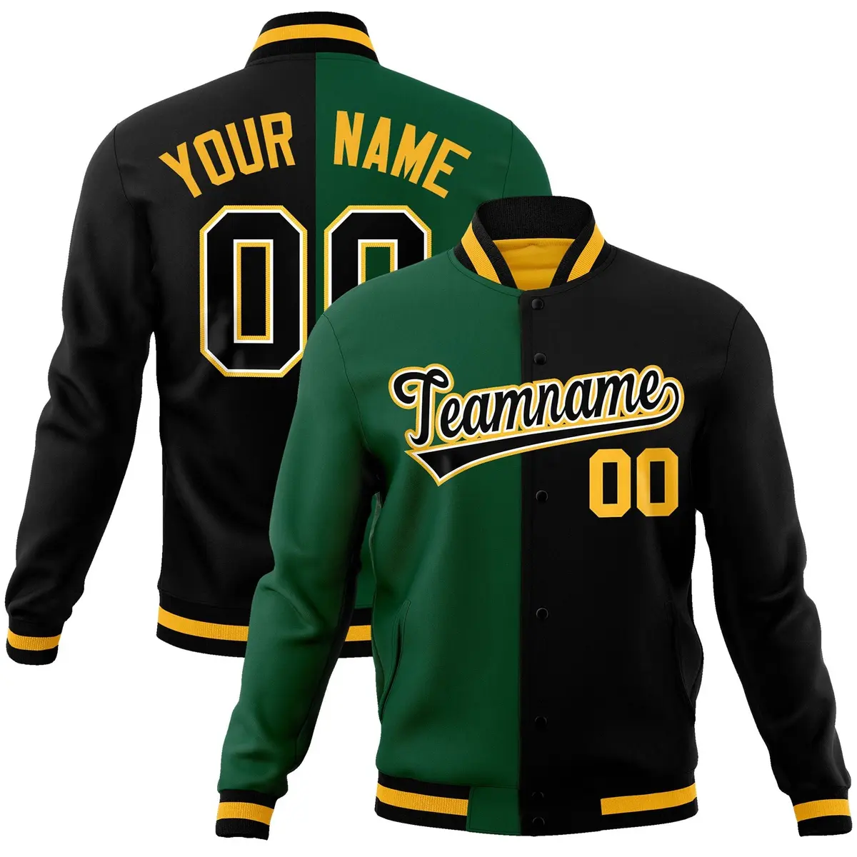 Green Black-Black Two Tone Split Varsity Letterman Jacket
