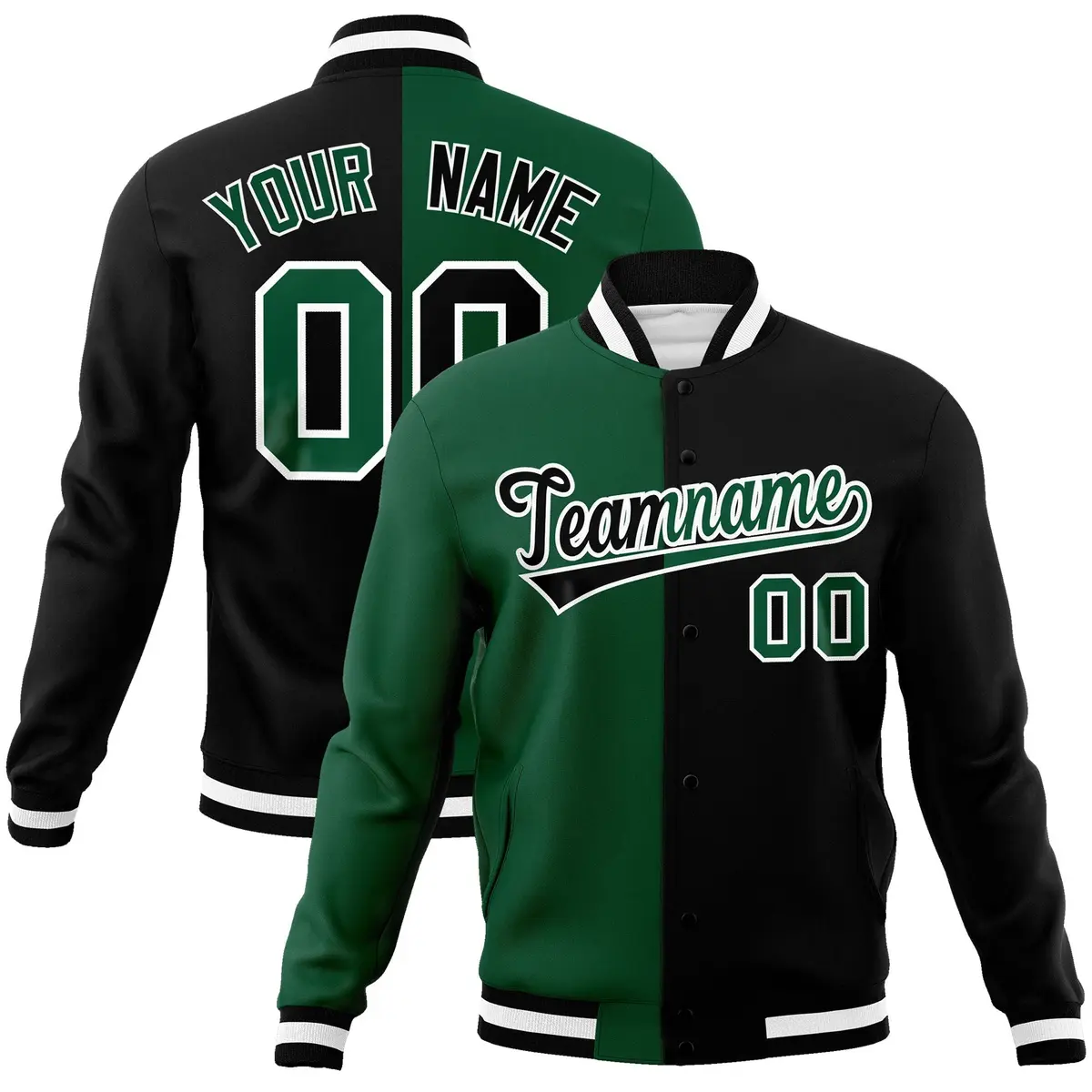 Green Black-Black Two Tone Split Varsity Letterman Jacket