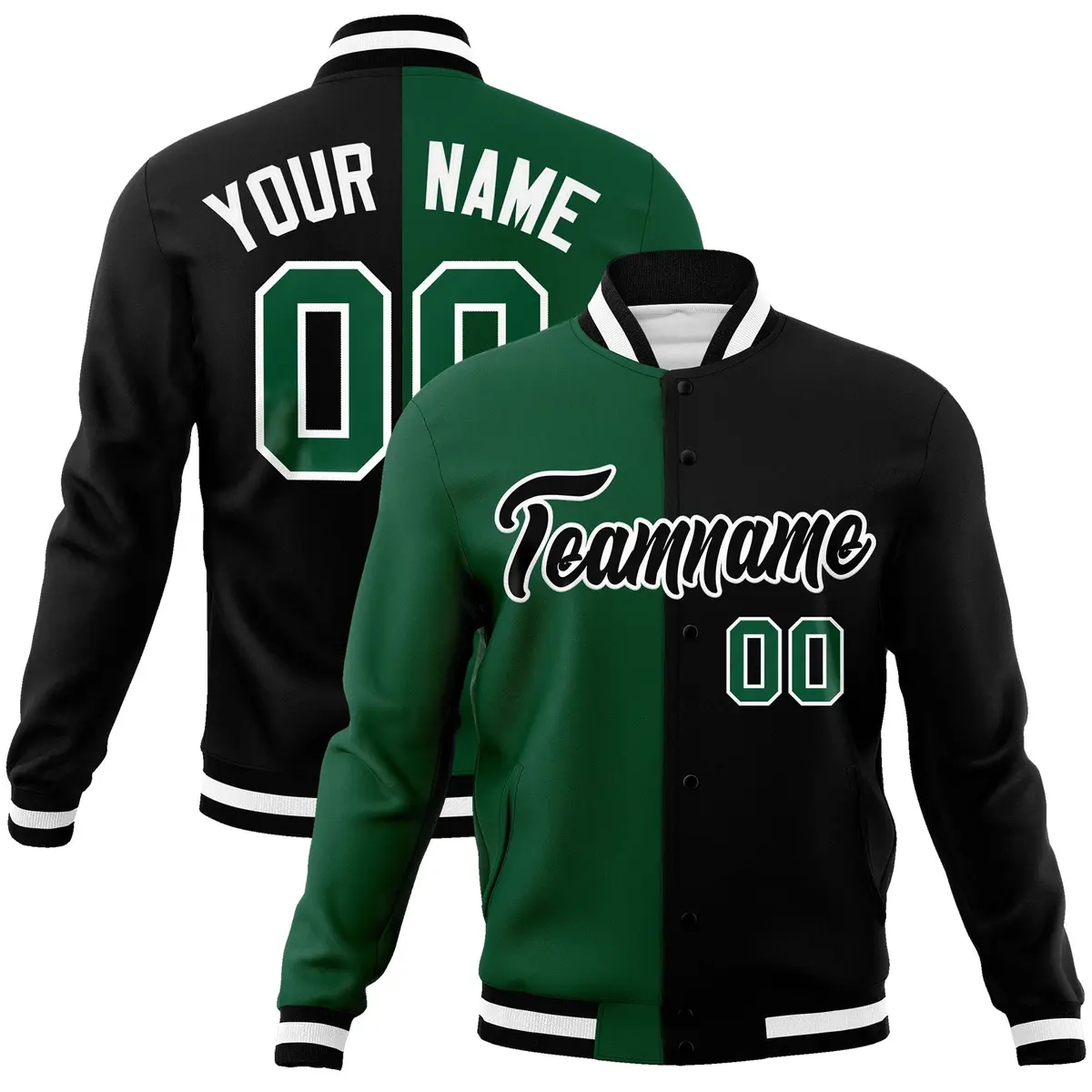 Green Black-Black Two Tone Split Varsity Letterman Jacket