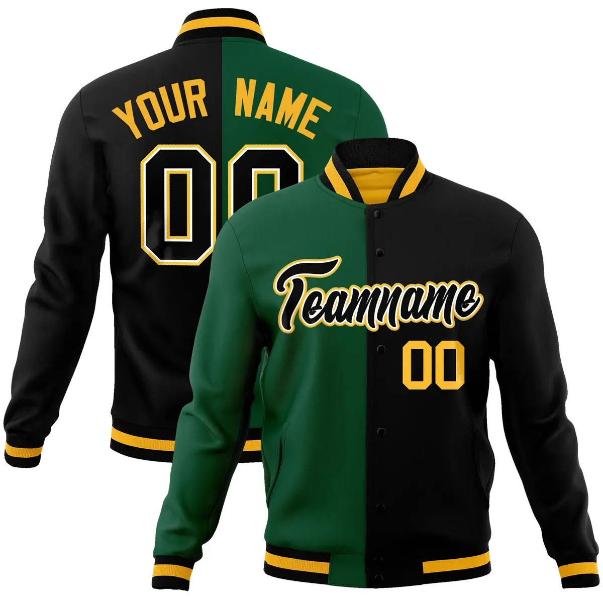 Green Black-Black Two Tone Split Varsity Letterman Jacket