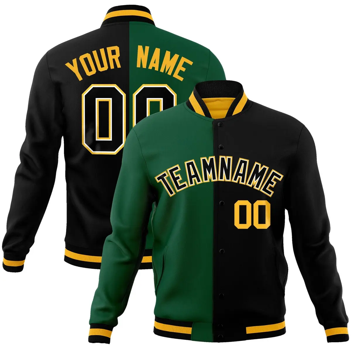 Green Black-Black Two Tone Split Varsity Letterman Jacket