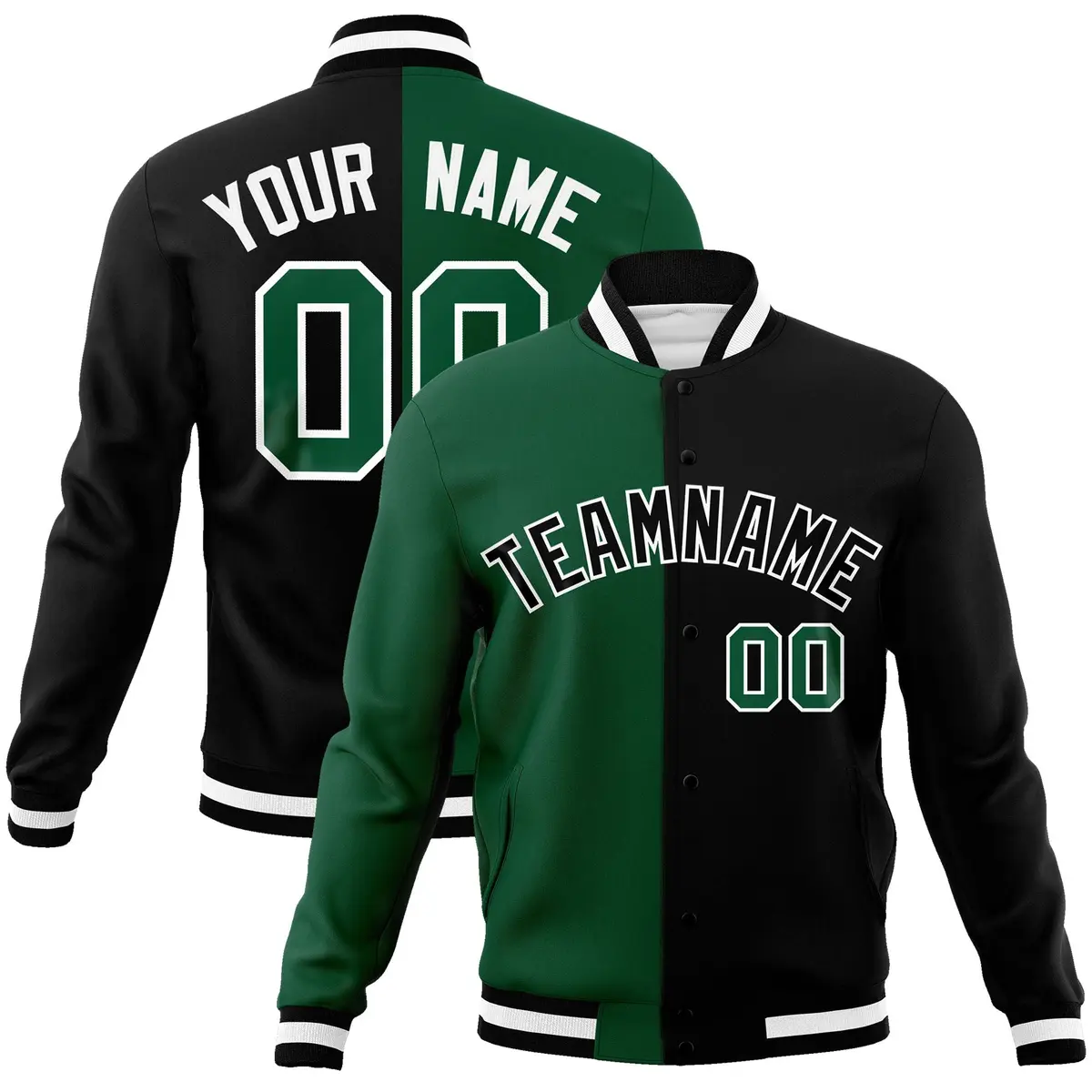 Green Black-Black Two Tone Split Varsity Letterman Jacket