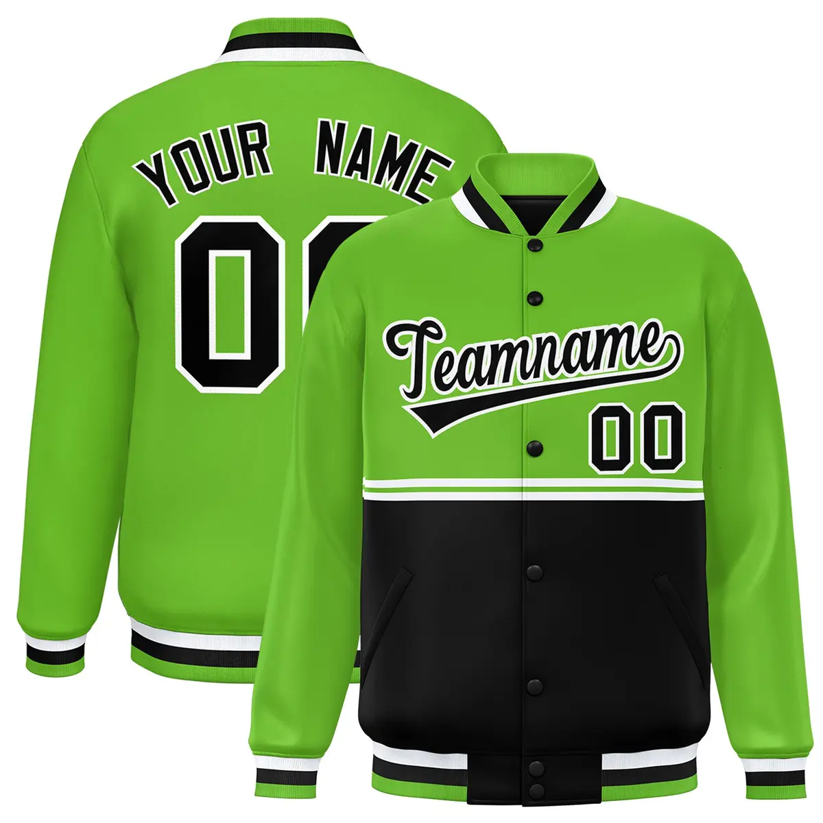 Green Black Color Block Varsity Full-Snap Letterman Jacket