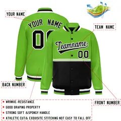 Green Black Color Block Varsity Full-Snap Letterman Jacket 2