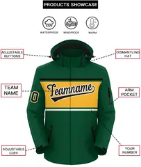 Green Black-Gold Color Block Hooded Waterproof Jacket 2