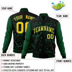 Green Black Gold Halloween Bats Pumpkins Ghost Letterman Jacket 2