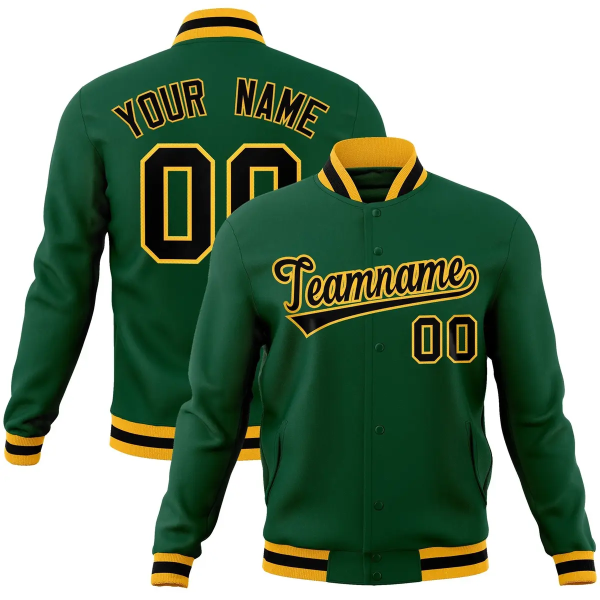 Green Black-Gold Varsity Full-Snap Letterman Jacket