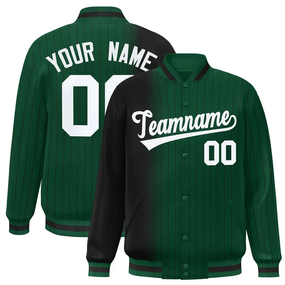 Green Black Gradient Pinstripe Varsity Full-Snap Baseball Jacket