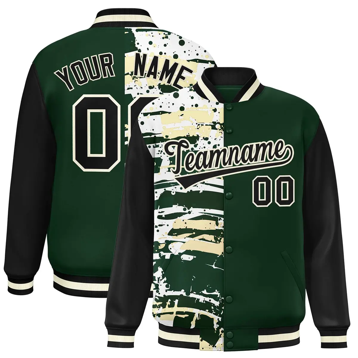 Green Black Graffiti Pattern Varsity Full-Snap Letterman Baseball Jacket