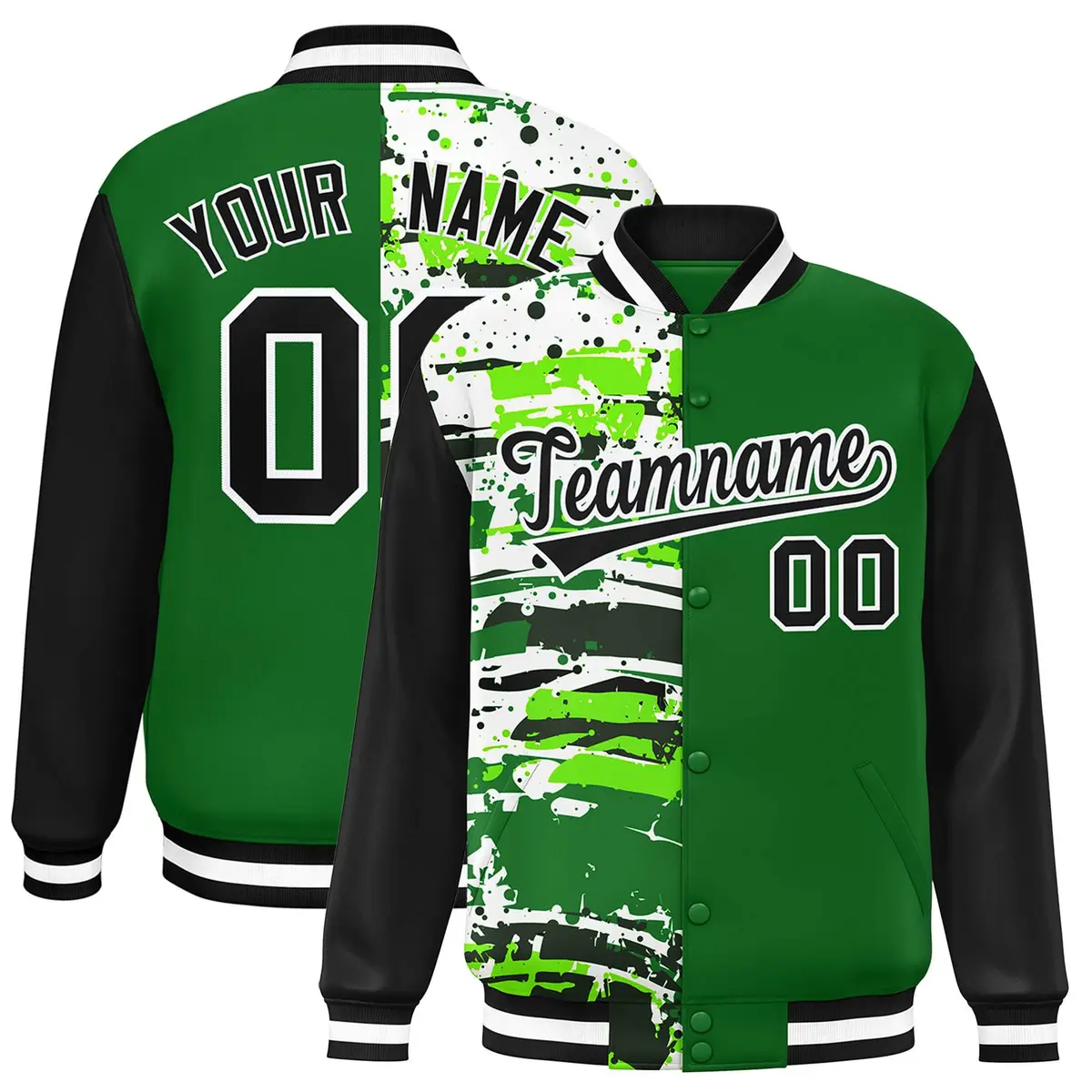 Green Black Graffiti Pattern Varsity Full-Snap Letterman Baseball Jacket