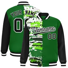 Green Black Graffiti Pattern Varsity Full-Snap Letterman Baseball Jacket 1