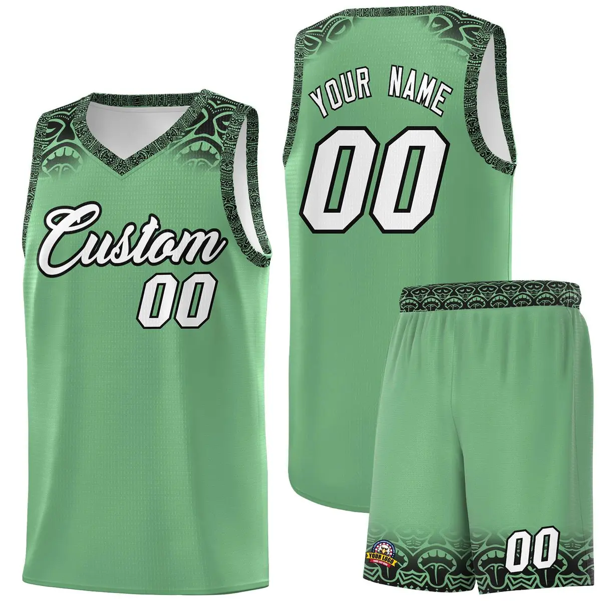 Green Black Indians Print Basketball Uniform Jersey