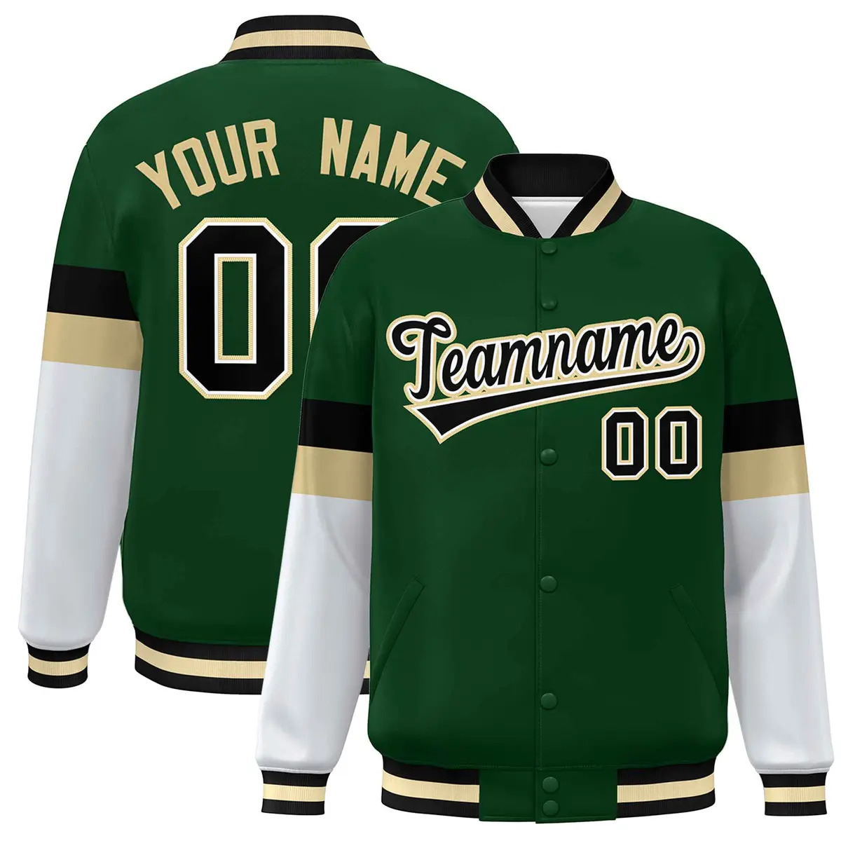 Green Black-Khaki Color Block Varsity Full-Snap Baseball Jacket