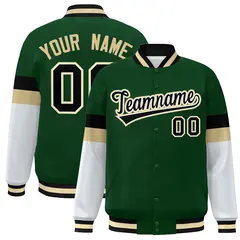 Green Black-Khaki Color Block Varsity Full-Snap Baseball Jacket