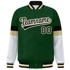 Green Black-Khaki Color Block Varsity Full-Snap Baseball Jacket 3