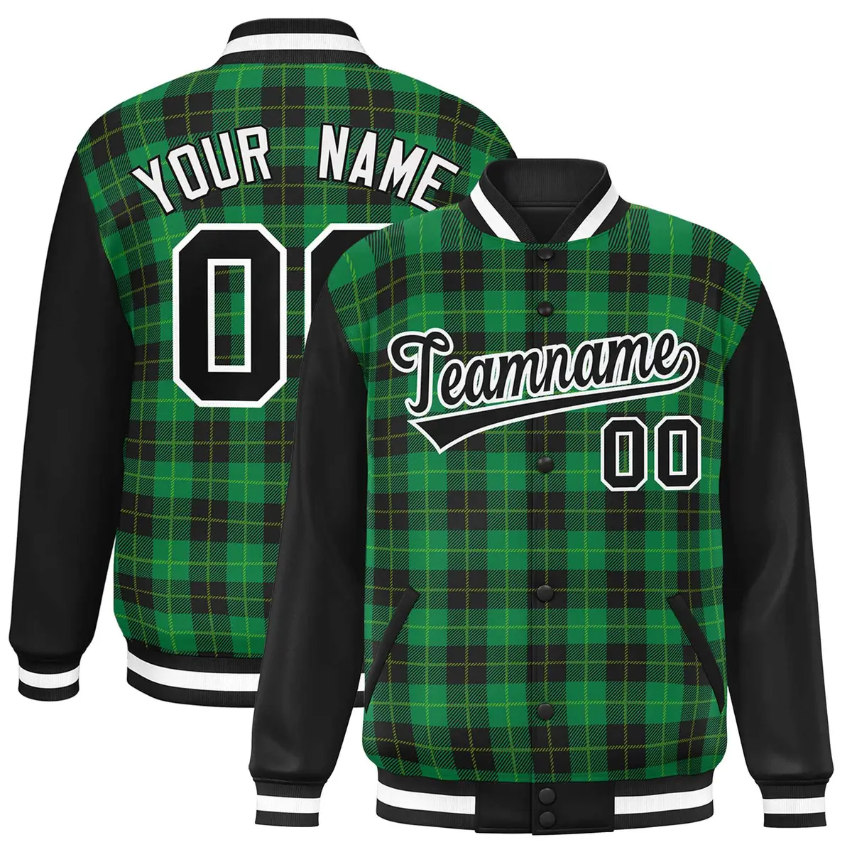 Green Black-Neon Green Plaid Varsity Letterman Jacket