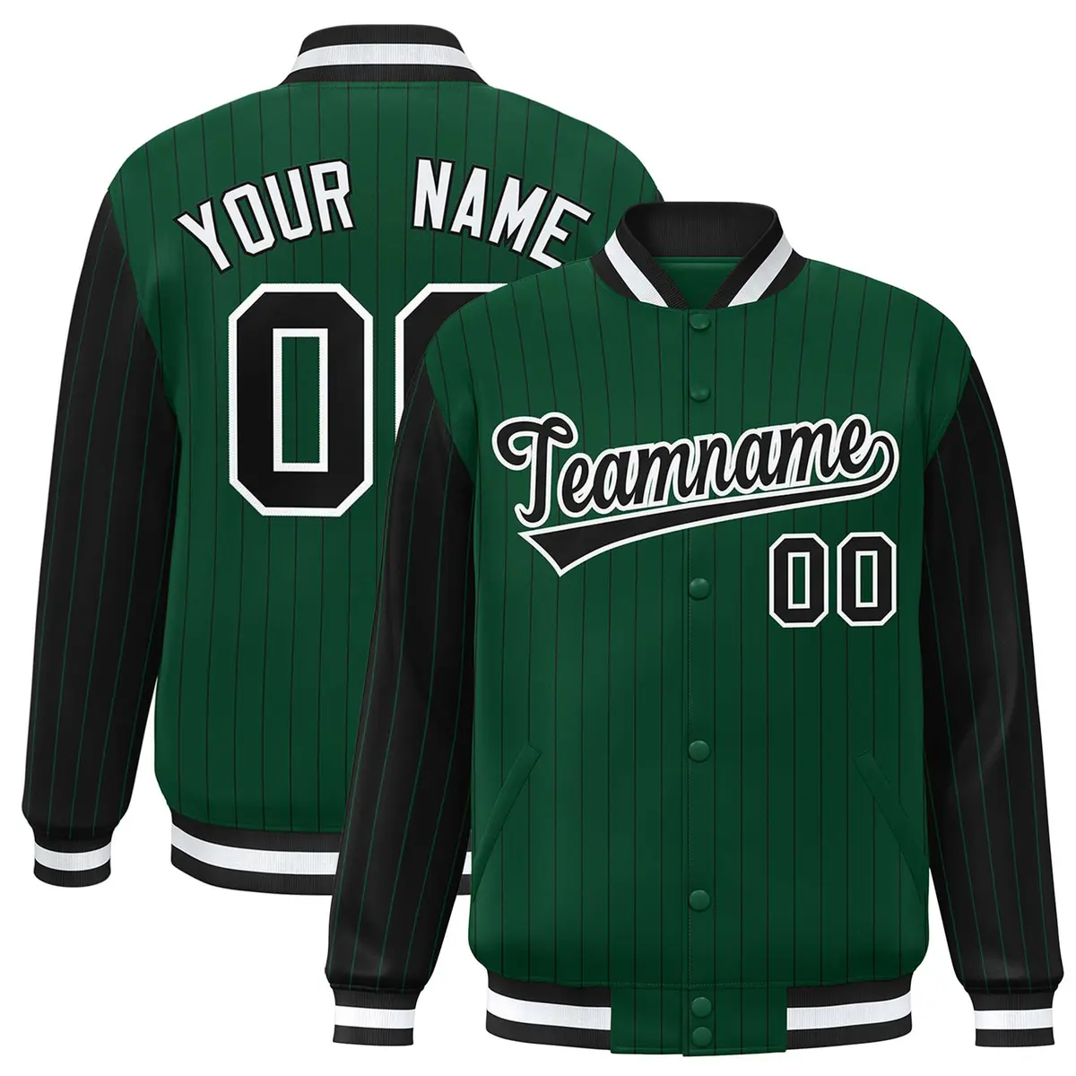 Green Black Pinstripe Raglan Full-Snap Letterman Baseball Jacket